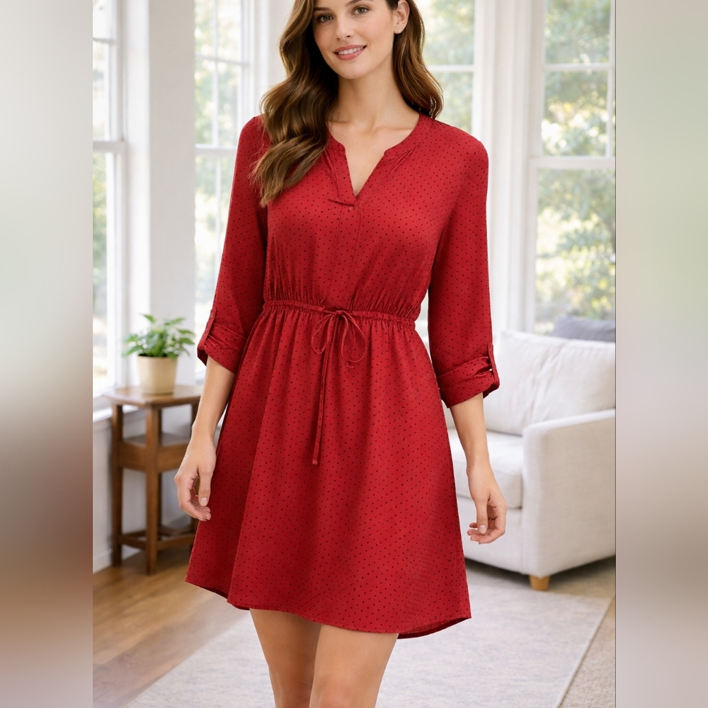 GAP Medium Brick Red Polka Dot Split V Neck Drawstring Dress